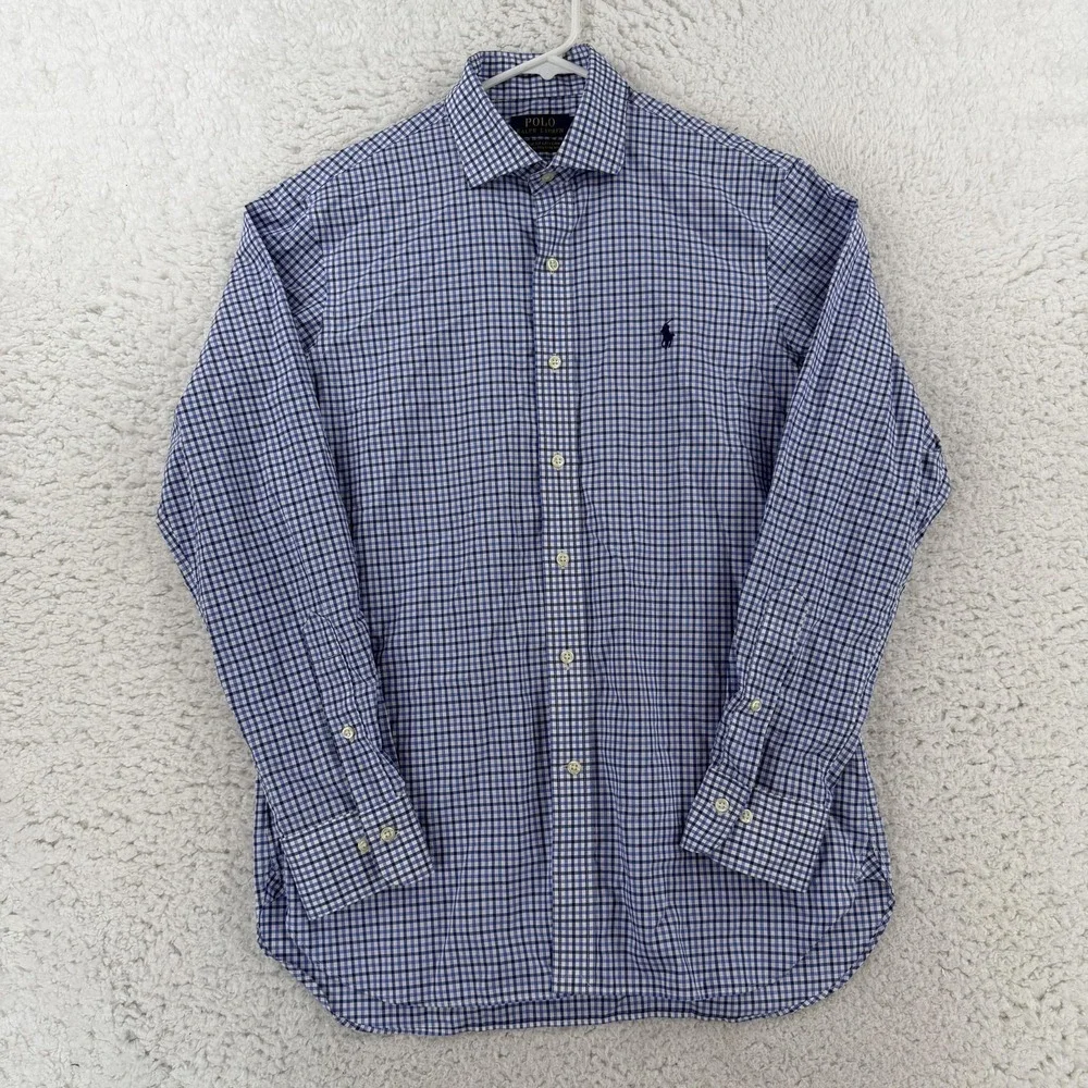 Ralph Lauren Shirt Mens Medium Blue Check Long Sleeve Button Down Stretch Pony